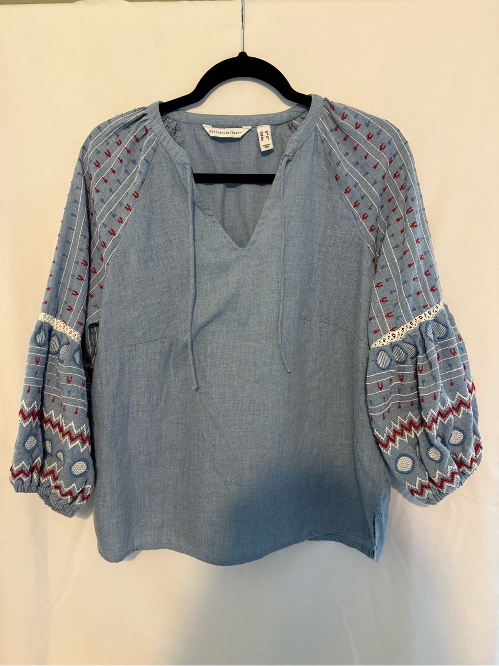 Canyon Retreat Chambray Blue Embroidered Peasant Blouse